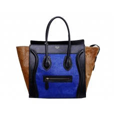 Celine Luggage Medium Tote z telecí kůže, černá / modrá s pony hair
