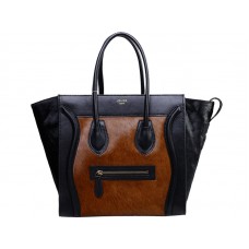 Celine Luggage Medium Tote z telecí kůže, černá / hnědá s pony hair