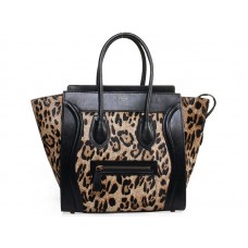 Celine Luggage Medium Tote z telecí kůže, černá s leopardím vzorem