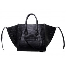 Celine Luggage Phantom Square Tote Bag Crocs Leather Black