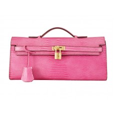 Hermes Kelly Pochette Longue Lizard Leather Růžová