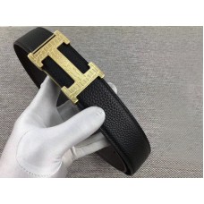 Hermes Gold H Belt Spona a oboustranný kožený řemínek černý