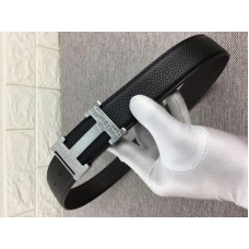 Hermes Silver H Belt Spona a oboustranný kožený řemínek černý