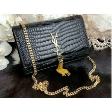 Saint Lauren Kate Medium s třásněmi z krokodýlí kůže, lesklá černá